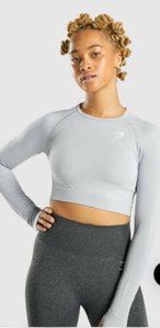 Gymshark Womens XS Vital Seamless Long Sleeve Midriff Crop Top Light Gray NWT